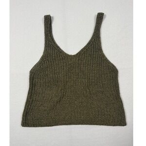 Earthy Textered Red Butterfly Crochet Knit Tank Top Women Med Olive Green V-Neck